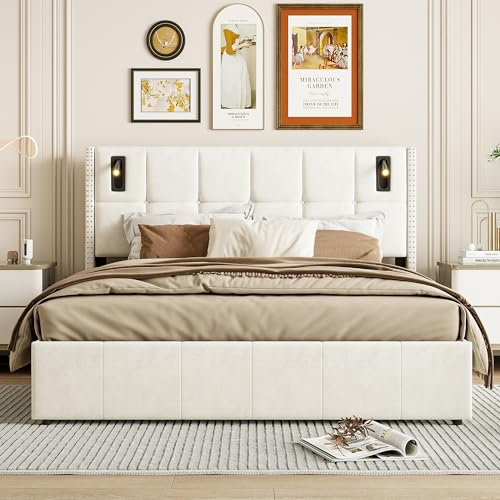 BPKADHY Polsterbett 160x200 cm mit Leselicht & USB-C Ladefunktion, Doppelbett Bettgestell mit Kopfteil, Hydraulisch Stauraumbett mit Stauraum und Lattenrost, Samt Beige (Beige, 160x200)