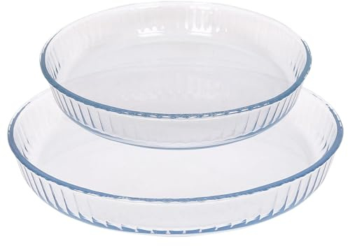 Argon Tableware Optical Round Glass Oven Dish Set - 2 Sizes - 2pc Deep Baking Casserole Lasagne Roasting Roaster Cooking Tray Bowl | Microwave Safe, Freezer Safe
