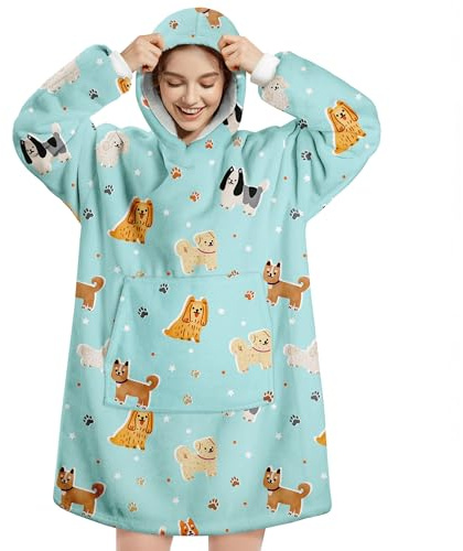 Queenshin Hoodie Decke Oversize Hund Blau mit Ärmeln Kuscheldecke Deckenpullover für Damen Herren, Tragbare Decke zum Anziehen Erwachsene, Übergroßer Hoodie Sweatshirt Sherpa Warm und Weich