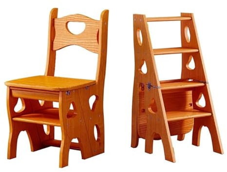 Klappbarer Bibliotheksleiter aus Holz – 3-in-1 4-stufige Trittleiter, leichtes tragbares Leiterregal & Präsentationsständer (Teak)