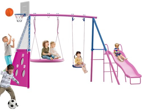 Structure De Jeu pour Enfants 5-en-1 Extérieur Jardin, Balançoire Nid + Balançoire Classique, Toboggan, Panier Basket, Cible Football, Cadre en Acier Robuste pour Plusieurs Enfants À Partir De 3 Ans