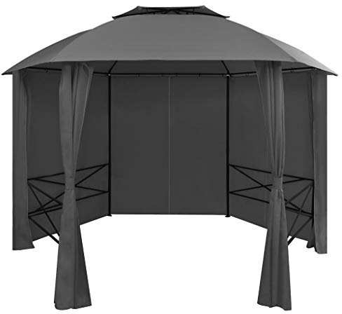 QJBSAVVA Sechseckiger Gartenpavillon mit Vorhängen 360x312x265 cm Anthrazit Pulverbeschichteter Stahlrahmen Doppel-Dach Lüftung Schutz vor Sonne für Grillfest Gartenfest Outdoor-Event