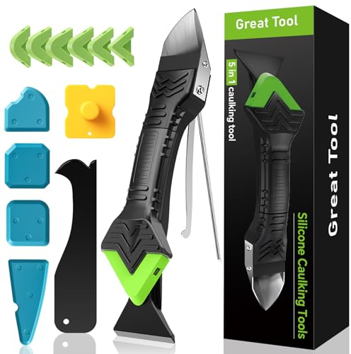 5 in 1 Silicone Caulking Tool Kit Sealant Remover Grout Smoothing Scraper | 6 Reusable Silicone Pads, Adhesive Residue Scraper, Sealant Finishing Tool for Kitchen, Bathroom, Sink & Tile Joints (Green）