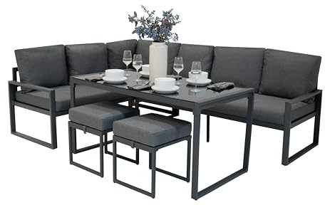 Garten Aluminium Möbelset Anthrazitgrau 7-Sitzer Outdoor Terrasse Lounge Sectional Ecksofa Glasplatten Esstisch 2 Hocker Dicke Polster mit Waschbaren Bezügen wasserdichte Regenabdeckung