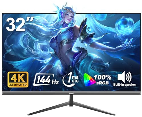 Gawfolk 32-inch 4K Ultra HD Computer Monitor, 144Hz Gaming PC Screen, 1ms, Adaptive Sync, 100% sRGB, 178° Wide Viewing Angle, HDMI 2.1, DisplayPort 1.4, Wall-mounted compatible 100 * 100MM-Black