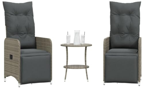 Emmtore Gartensessel mit Tisch 2 STK., Gartenstuhl Verstellbare Rückenlehne, Loungesessel für Garten Terrasse, Relaxsessel, Grau Poly Rattan