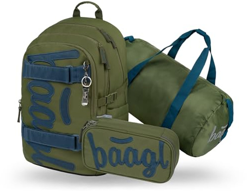 Baagl Schulrucksack Set Jungen 3 Teilig Skateboard Rucksack 25 l - Olive | Schultasche ab 3. Klasse und ergonomischer Schulranzen als Grundschule Ranzen mit Brustgurt entlasten den Rücken für Kinder.