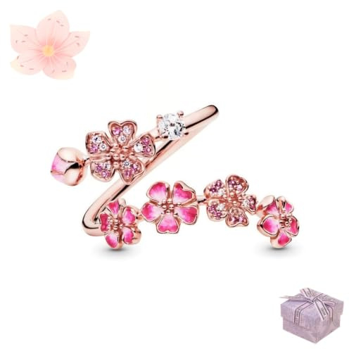 Generisch Peach Blossom Ring, Pink Cherry Blossom Rose Gold Plated Rings for Women, Adjustable Peach Floral Jewelry with Crystal & Gemstone, Gift for Her Rose Gold Plating (A)
