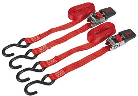 Sealey Ratchet Straps 25mm x 4m Polyester Webbing with S-Hooks 800kg Breaking Strength - Pair - TD284SD