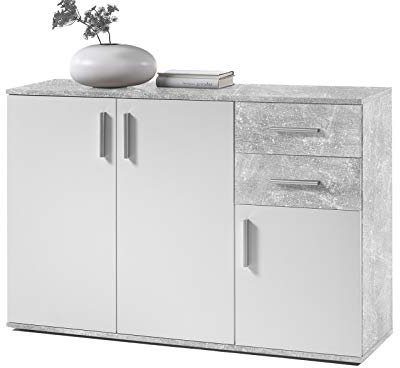 möbelando Kommode Mehrzweckschrank Sideboard Schrank Standschrank Freida II Beton/Weiß