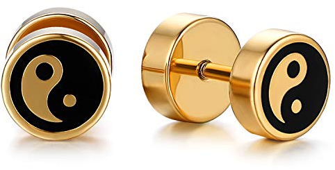Flongo Damen Ohrringe 8mm Edelstahl Fake Tunnel mit Tai chi Yin Yang Illusion Ohrstecker Männer Gestüt Piercing Cheater Faux Fakeplugs Hanteln Ohrschmuck Silber Gold Schwarz mit Schaubverschluss
