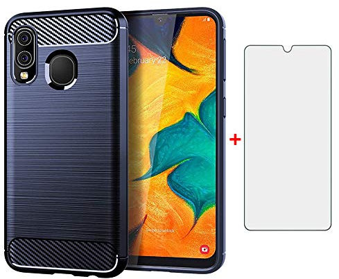 Phone Case for Samsung Galaxy A40 and Tempered Glass Screen Protector Film Cover with Mobile Bumper Accessories Slim Thin Shockproof Soft Silicone Rubber TPU Bumper 40A A 40 Girls Girl Women Men Blue