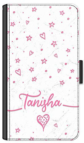 Personalised Initial Phone Case For Apple iPhones, 16, 15, 14,13, 12, 11, Pro Max, Mini, XR, XS, SE, PU Leather Phone Case with Pink Name on Stars, Hearts, White Marble Print, Flip Wallet Phone Cover