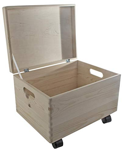 WooDeeDoo Large Deep Wooden Storage Box With Hinged Lid Handles and Wheels – 40 x 30 x 28 cm Pine Craft Keepsake Toy Chest Unfinished Decorative 21L Container for Bedroom Home Organisation