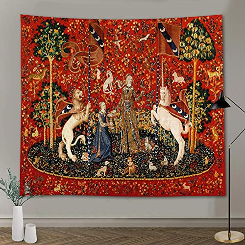 FEASRT Europäischer königlicher Wandteppich, Einhorn mit Löwe, Jungfrau und Einhorn, Damen-Wandteppich, groß, 254 x 228 cm, weicher Biber, für Schlafzimmer, Wohnzimmer, Wohnheim GTAY14