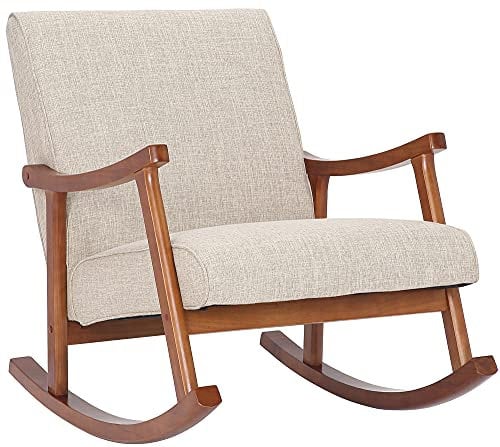 CLP Schaukelstuhl Morelia I Wippsessel Mit Stoff-Bezug I Holz In Walnuss-Optik, Farbe:Creme