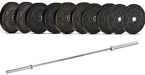 MuscleSquad Coloured Crumb Rubber Olympic Bumper Plates 150kg Set + Bar