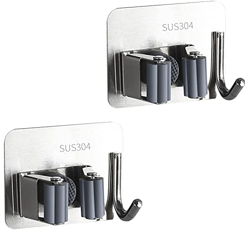 Mop Besen Halter Wandhalterung, Mop Besen Aufbewahrungsregal, Selbstklebend Edelstahl Heavy Duty Haken Aufhänger für Haus Garage Garten Waschküche Aufbewahrung