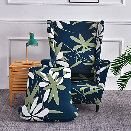 Highdi Wingback Chair Covers 2 Piece Stretch Wing Chair Slipcover, Fashion Retro Classic Floral Strandmon Sofa Cover Furniture Protector for Armchair Chairs Living Room Hotel (dark blue clematis)