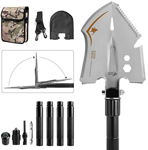 Zune Lotoo Pala Plegable de 100cm, 15 en 1 Pala Multiusos Portátil de Acero al Carbono con 3 Combinaciones de Longitudes, Pala Plegable Compacta para Camping, Senderismo, Jardín, Aventura
