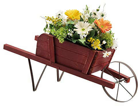 S AFSTAR Wood Wheelbarrow Planter, Flower Plant Pot Wheelbarrow Cart w/Metal Wheel & 9 Replaceable Magnet Accessories, Wooden Wagon Planter Wheelbarrow Decor for Outdoor Garden Backyard (Red)