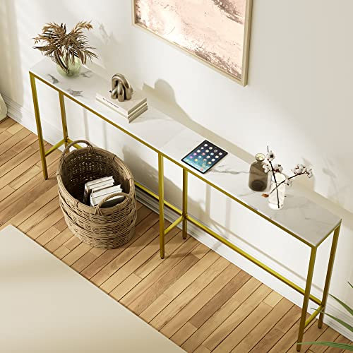 SONGXIN Table console moderne extra étroite de 180,1 cm, table de canapé longue derrière le canapé, table d'entrée fine avec cadre en métal doré pour salon, couloir, marbre blanc