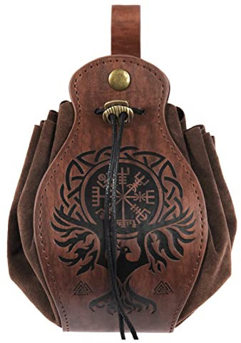 Bourse en Cuir PU Viking Adulte Petit Sac de Ceinture Vintage Médiévale Porte Monnaie Moyen-âge avec Cordon de Serrage Pochette Banane en Relief Portefeuille de Chevalier Pirate Halloween Cosplay