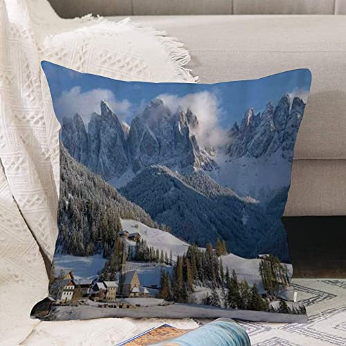 Kissenbezug 45x45 cm,Bergdorf-Landschaft im Winter mit Snow Peaks Northern Zone Spot Alpen ,Outdoor Kissen Kissenbezüge Kissenhülle Sofa Kissen dekokissen Zierkissen für Wohnzimmer Garten deko draußen