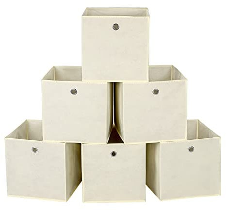 KingSaid 6 Stück Faltbox Faltbare Aufbewahrungsbox 32x32x32cm Stoffbox Faltkiste Schubladen Boxen mit Fingerloch Würfel Spielzeug-Organizer für Kallax Regale Raumteiler Beige