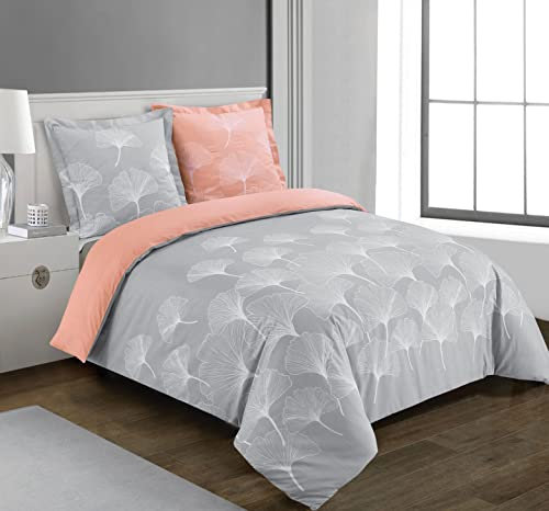 Vision - Parure de lit Réversible 100% Coton - Ginko Gris/Rose - Set de Housse de Couette 200x200 cm avec 2 taies d'oreiller pour lit 2 Personnes - Fibres Naturelles - Oekotex