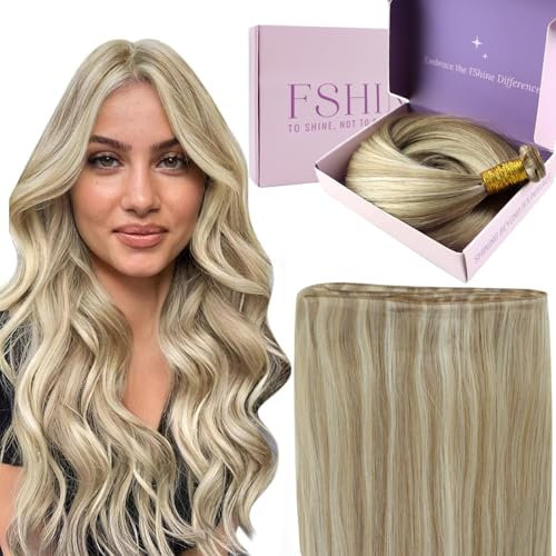 Fshine Echthaar Extensions Tressen Genius Weft 50g 35cm Remy Echthaar Haartressen Echthaar Dirty Blonde und Platinum Blonde Highlight in der Farbe 16P22