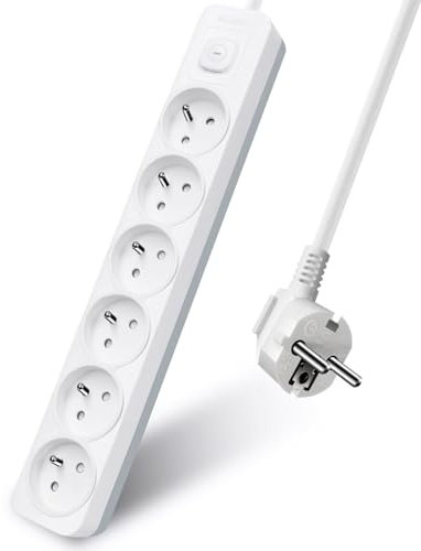 Extrastar Multiprise 6 Prises avec Interrupteur, 2P+T, Bloc 6 Prises, 3G1,5 mm² 3m Rallonge, Sécurité Enfant, Gris et Blanc, 16A 250 V
