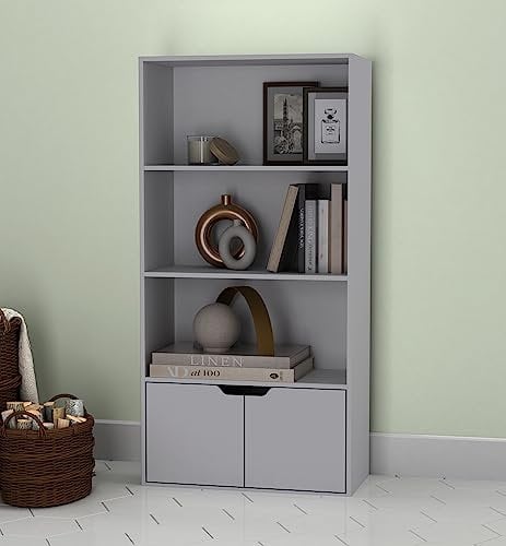URBNLIVING 4 Tier Wide Wooden Bookcase Cupboard with 2 Doors Storage Shelving Display Shelf Cabinet Unit (Grey with Grey Doors)