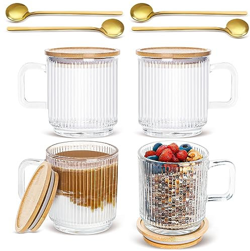 Set of 4 Glass Coffee Mugs with Bamboo Lids and Spoons, 12oz Vintage Coffee Mug, Ribbed Glassware for Latte, Tea, Cappuccino, Cute Coffee Bar Accessories Clear Glass Coffee Cups for Hot/Cold Beverages