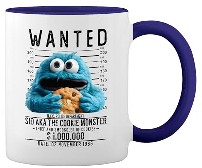 Vintage Monster Cookies with Biscuites Puppets Mugshot New Trend Fun Lustig White Coffee Mug with Blue Rim & Handle