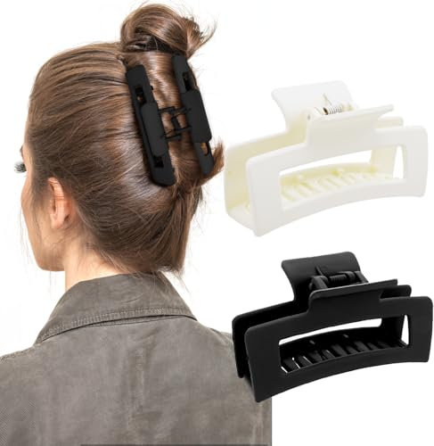 WLLHYF Lot de 2 pinces à cheveux carrées, 8,5 cm, moyennes, antidérapantes, tendance, forte tenue, accessoires de coiffure pour femmes et filles, cheveux épais et fins (blanc, noir)