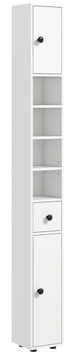 kleankin 180cm Tall Bathroom Cabinet, Slim Bathroom Storage Cabinet with 4 Open Shelves, 2 Door Cupboards and Adjustable Shelves, White