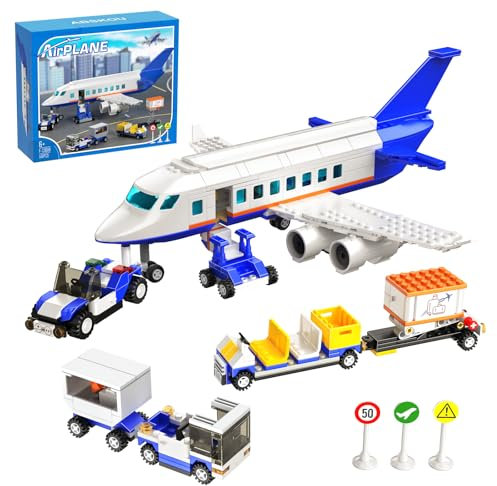 City Avion de Ligne Ensemble de Blocs, Jouets de Construction d'aéroport Maquette d'avion, Remorque Véhicules, Camion à Bagages, Escalier D'embarquement et signalisation, Cadeau Garçon Fille de 6+ ans