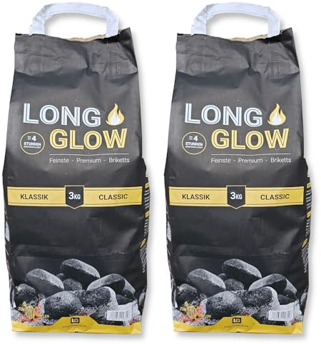 6kg (2x3kg) Long Glow Premium Grillbriketts Kohle Manufaktur Grillbrikett Premium Brikett Holz Kohle Grill Lange Brenn-& Glutdauer 4h Grillbriketts 100% Made in Germany Energie Kienbacher (6kg)