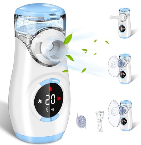 Sentasi Tragbarer Inhalationsgerät für Erwachsene und Kinder,LED Digitalanzeige Leise Elektrische Inhalator vernebler,2 Einstellbare Sprühbilder mit 2 Masken und 1 Mundstück (Blau)