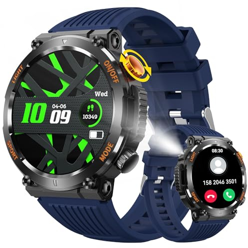 Smartwatch militare da uomo con torcia a LED (rispondi/effettua chiamate), smartwatch tattico impermeabile con 113 modalità sportive, orologio fitness con frequenza cardiaca/monitor del sonno/bussola