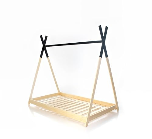 HOMEforDREAMS Tipi-Stil Kinderbett: Montessori-inspiriertes Design, Latten, bemaltes Tipi-Dach - Gemütlicher Schlaf- und Spielbereich für Kinder (Schwarz, 160x80cm)