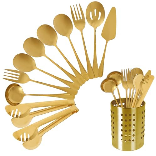 10Pcs Serving Utensils Set Stainless Steel Metal Serving Utensils Dishwasher Safe Metal Serveware Elegant Serving Set with Serving Spoons Forks Tongs Slotted Spoon Ladle Pie Server for Buffet Parties