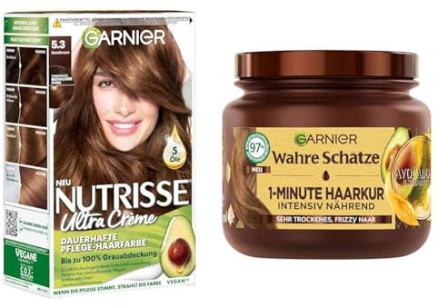 Garnier Colorations- & Pflegeset: Nutrisse Haarfarbe 053 Samtbraun + Wahre Schätze Haarkur (340ml) - Mit Avocadoöl & Shea Butter, Für trockenes & frizzy Haar, Vegane Pflege, Anti-Frizz