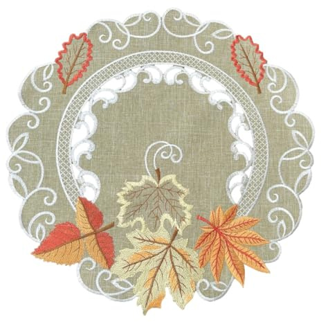 Tischläufer Tischdecke Mitteldecke Deckchen Leinen-Optik Herbst Blätter Grün (ca. 40 cm rund)