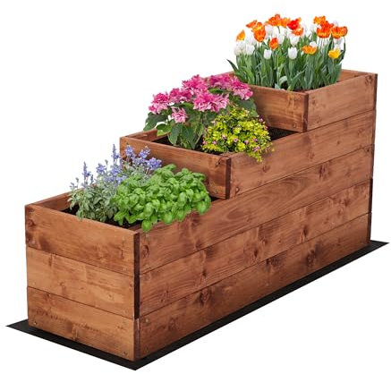 MODO24 Hochbeet Holz, 3-stufiger Pflanzkasten, Blumenkasten, Gemüsebeet, Kräuterbeet, Anzuchtset, Anzuchtkasten, mit Gartenvlies als Unterlage und Schrauben, Abmessungen 45x30x93 cm, Farbe: Braun