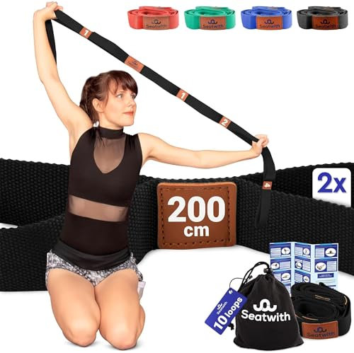 Seatwith 2x Yoga Gurt mit Schlaufen 10 | Yoga Band 200x4cm | Dehnungsband für beste Dehnen | Stretching Band | Yogagurt + Tasche & Training PDF - Schulterretter
