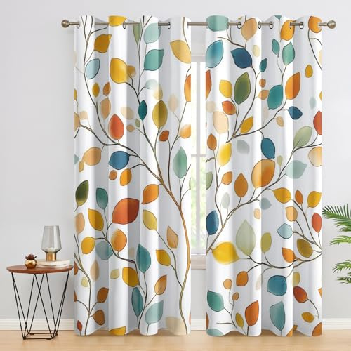 SZLYZM Bunte Blätter Vorhänge, Verdunklungsvorhänge mit Muster Botanisch, Vorhang Blickdicht mit Ösen, Gardinen für Wohnzimmer Schlafzimmer Deko 2er Set - 175x140 (H X B)