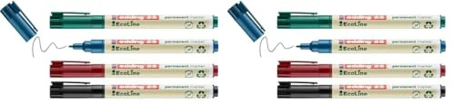 edding 25 Ecoline Permanentmarker Set - bunte Farben - 4 Stifte - Rund-Spitze 1 mm - schnell trocknender Permanent Marker - wasserfest, wischfest - Karton, Kunststoff, Holz, Metall - Universalmarker