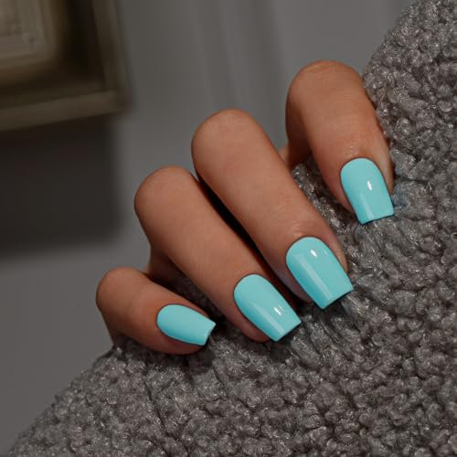 KQueenest Teal Blue Press on Nails Short Medium Square, Short False Nails with Glue, Glossy Turquoise Blue Fake Nails Press ons, Natural Fit, Coffin Reusable Gel Stick on Nail for Women 28 Pcs